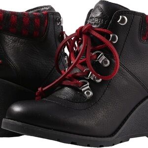 Sperry Black Leather Wedge Boots with Red Laces